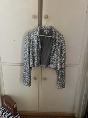 Open Edit Silver Sequin Cropped Blazer Jacket Size Medium